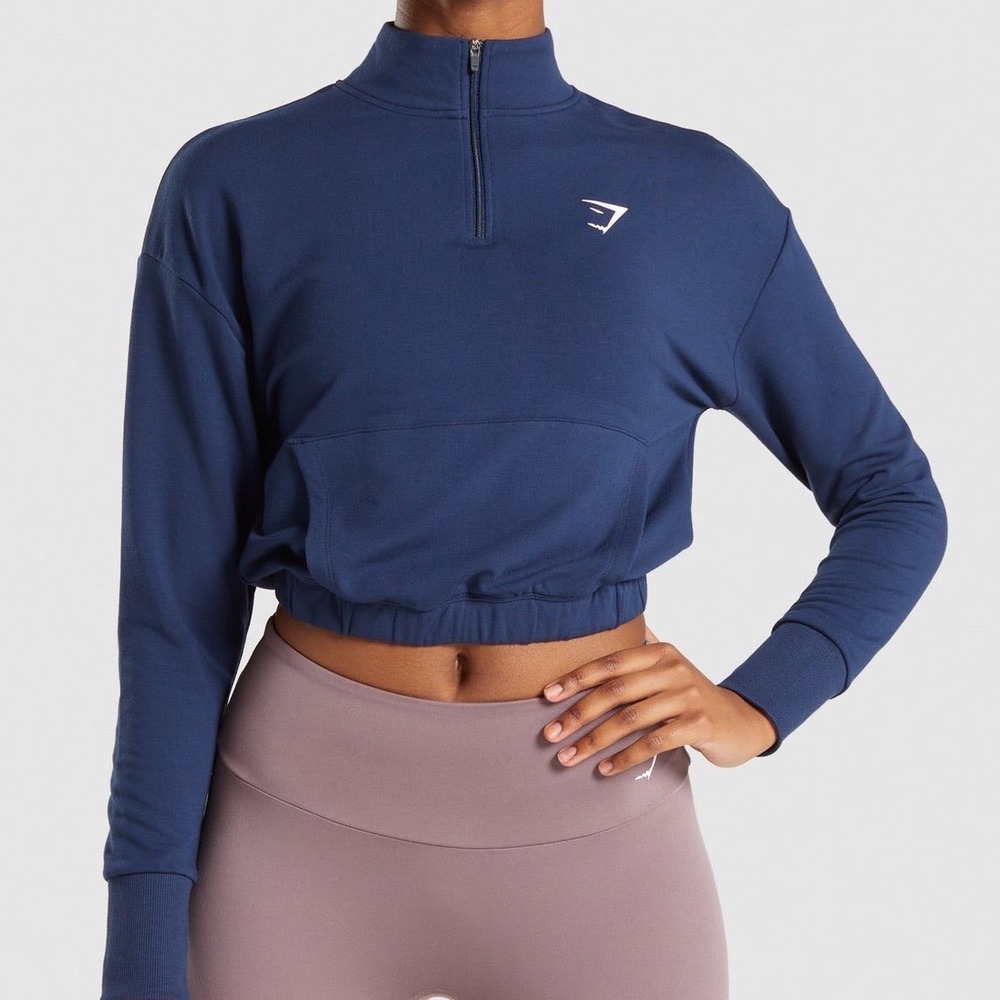 Gymshark Pippa Training Pullover‎ Navy Blue Quarter Zip Cropped Sweatshirt Small